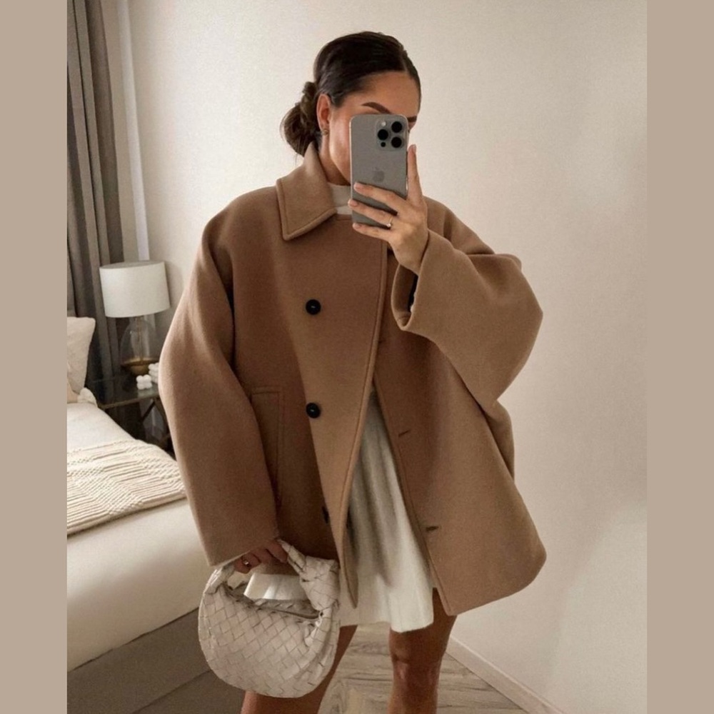 Zara cropped oversized wool coat camel tan
